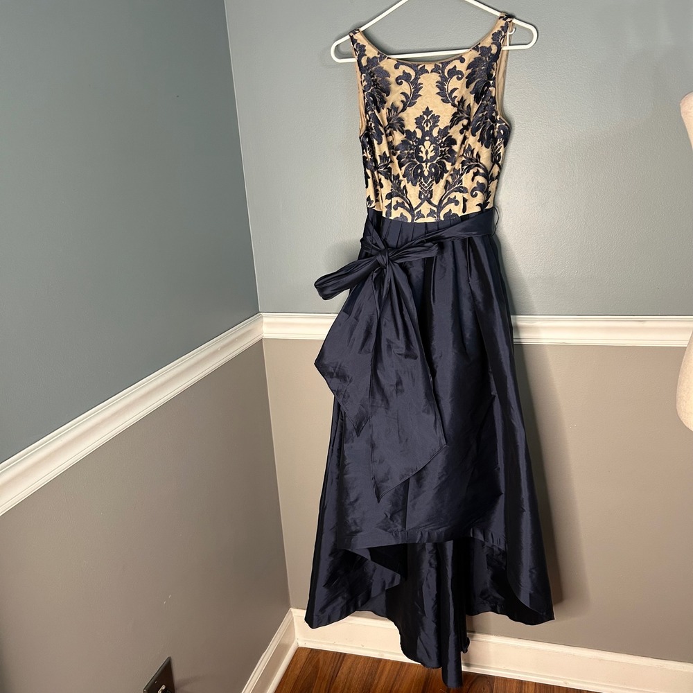 Starrz Navy Blue Damask High Low Formal Gown Dress lace elegant sz 4